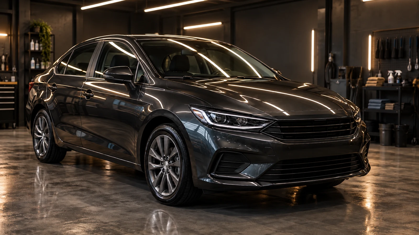 Carro preto recém-polido, com a pintura refletindo as luzes da Garagem 41