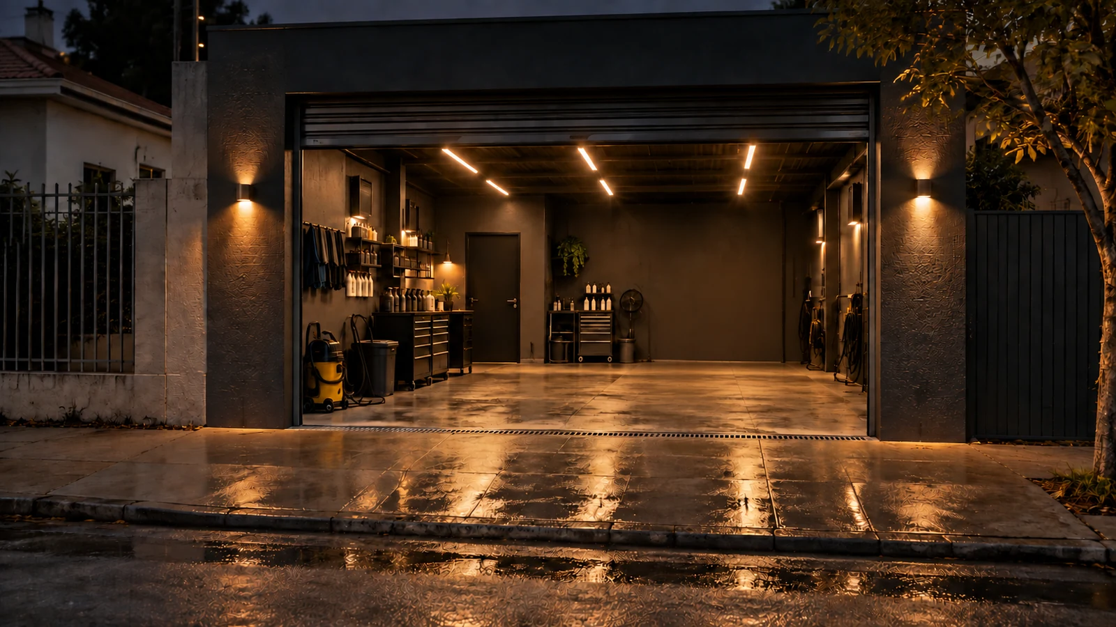 Fachada da garagem à noite, com o portão aberto e as luzes acesas